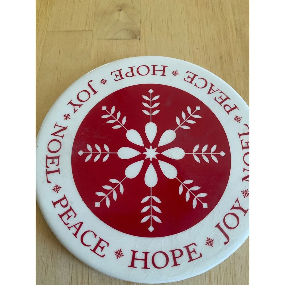Christmas Snowflake Ceramic Trivet Cork Back Peace Hope Joy Noel‎ Red White 6